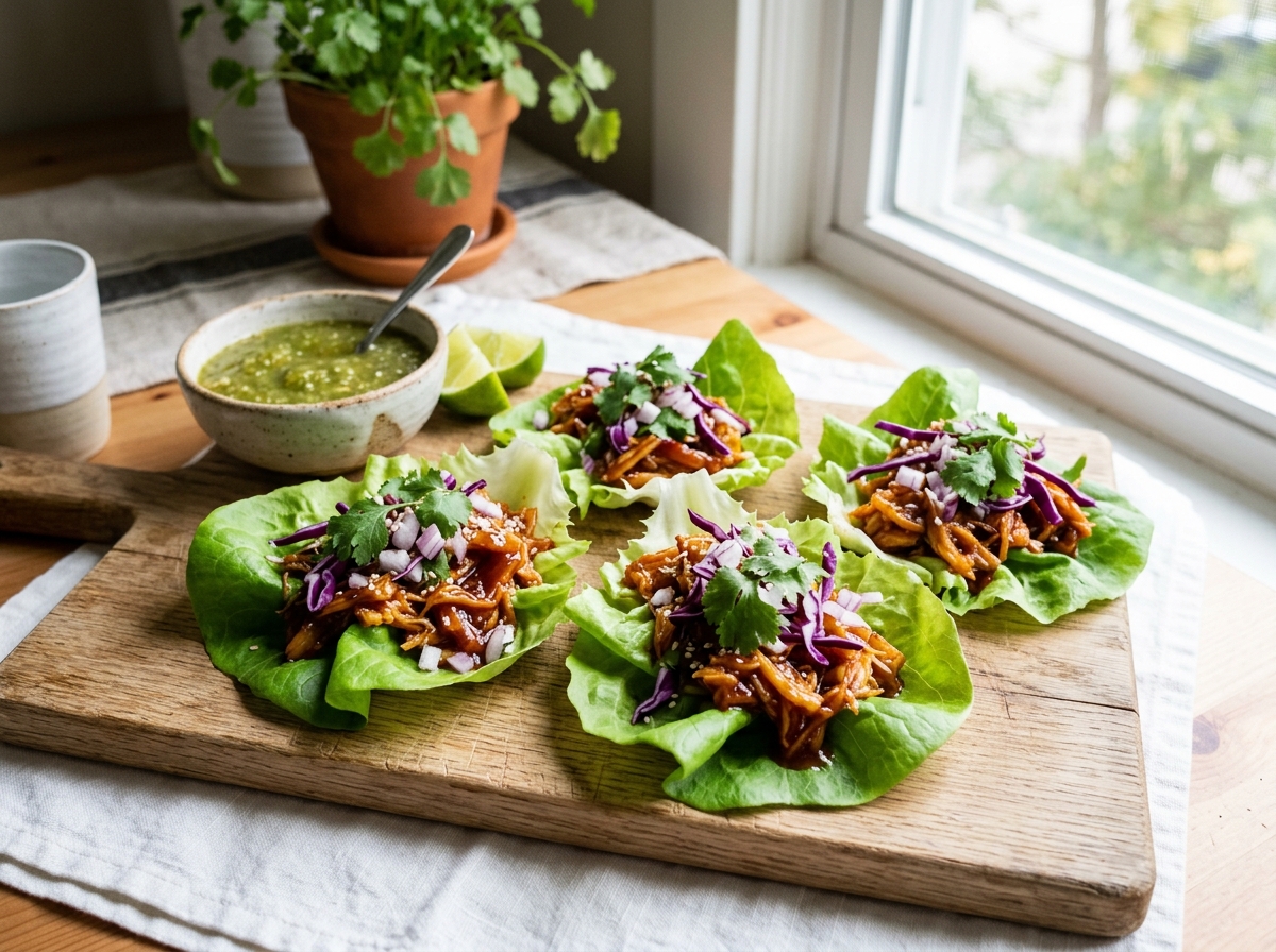 Vegan Barbekü Soslu Tiftik Ananas Marul Sandalları (BBQ Pulled Pineapple Lettuce Wraps)